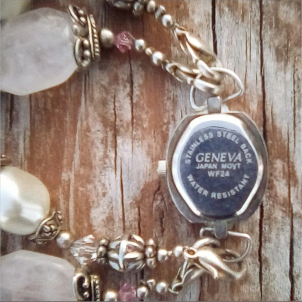 Geneva Oval Bracelet Watch Silver Tone Faux Pearl Beaded 25mm 7 Inch
